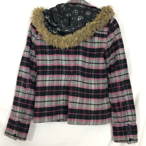 Victoria's Secret Pink Plaid jacket Coat detachable fur hood - Picture 3 of 11